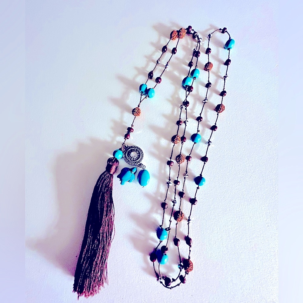 Necklace turtle Turquoise stone, crystal charms on Howlite, wood & bead tassel